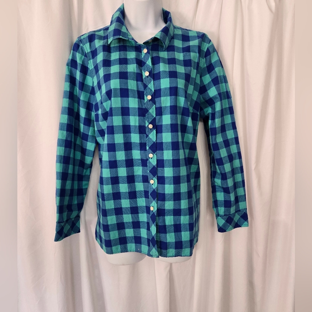 Talbots Blue/Green Plaid Cotton Button Down Fall Shirt Size LP